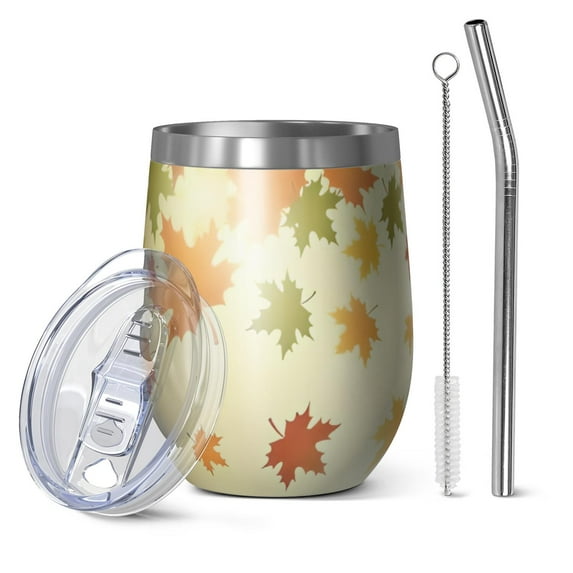 12oz Stemless Wine Tumblers Fall Leaves Vacuum Insulated Stainless Steel Travel Tumbler Cups Mug with Lid and Straw for Champaign,Cocktail,Beer with Cleaning Brush
