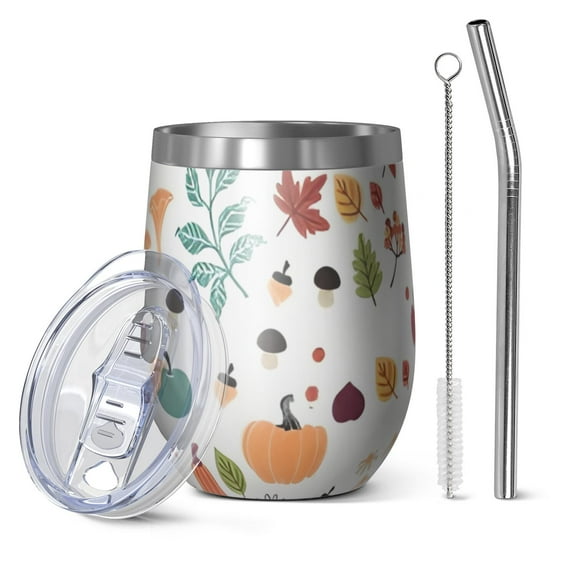 12oz Stemless Wine Tumblers Fall Pumpkin Pattern Vacuum Insulated Stainless Steel Travel Tumbler Cups Mug with Lid and Straw for Champaign,Cocktail,Beer with Cleaning Brush