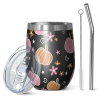 12oz Stemless Wine Tumblers Fall Pumpkins Flowers Stars Pattern Vacuum Insulated Stainless Steel Travel Tumbler Cups Mug with Lid and Straw for Champaign,Cocktail,Beer with Cleaning Brush