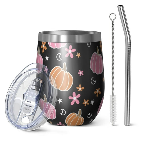 12oz Stemless Wine Tumblers Fall Pumpkins Flowers Stars Pattern Vacuum Insulated Stainless Steel Travel Tumbler Cups Mug with Lid and Straw for Champaign,Cocktail,Beer with Cleaning Brush