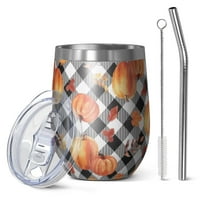 12oz Stemless Wine Tumblers Fall Pumpkins Leaves Pattern Vacuum Insulated Stainless Steel Travel Tumbler Cups Mug with Lid and Straw for Champaign,Cocktail,Beer with Cleaning Brush