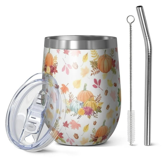 12oz Stemless Wine Tumblers Fall Pumpkins Leaves Pattern Vacuum Insulated Stainless Steel Travel Tumbler Cups Mug with Lid and Straw for Champaign,Cocktail,Beer with Cleaning Brush