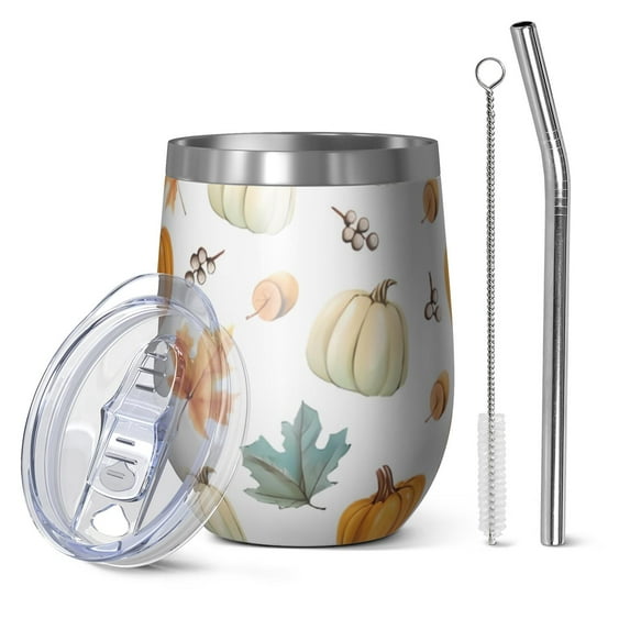 12oz Stemless Wine Tumblers Fall Pumpkins Leaves Pattern Vacuum Insulated Stainless Steel Travel Tumbler Cups Mug with Lid and Straw for Champaign,Cocktail,Beer with Cleaning Brush