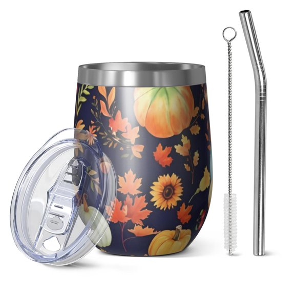 12oz Stemless Wine Tumblers Fall Pumpkins Leaves Pattern Vacuum Insulated Stainless Steel Travel Tumbler Cups Mug with Lid and Straw for Champaign,Cocktail,Beer with Cleaning Brush