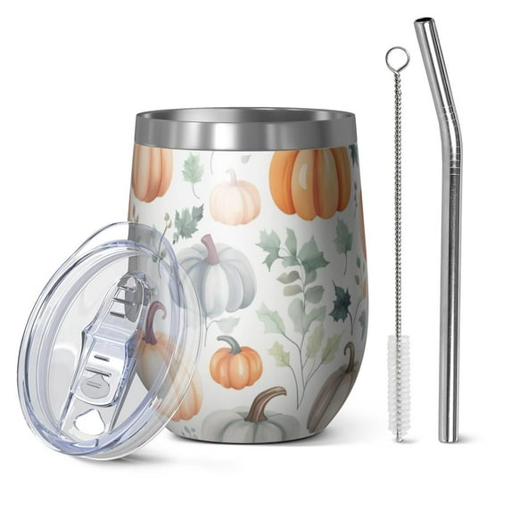 12oz Stemless Wine Tumblers Fall Pumpkins and Leaves Pattern Vacuum Insulated Stainless Steel Travel Tumbler Cups Mug with Lid and Straw for Champaign,Cocktail,Beer with Cleaning Brush