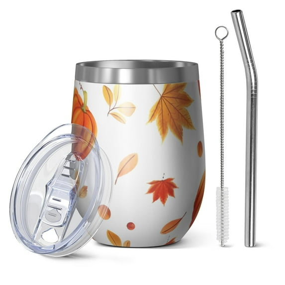 12oz Stemless Wine Tumblers Fall Pumpkins and Leaves Pattern Vacuum Insulated Stainless Steel Travel Tumbler Cups Mug with Lid and Straw for Champaign,Cocktail,Beer with Cleaning Brush
