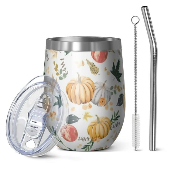 12oz Stemless Wine Tumblers Fall Pumpkins Leaves Pattern Vacuum Insulated Stainless Steel Travel Tumbler Cups Mug with Lid and Straw for Champaign,Cocktail,Beer with Cleaning Brush