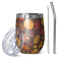12oz Stemless Wine Tumblers Fall Pumpkins Leaves Pattern Vacuum Insulated Stainless Steel Travel Tumbler Cups Mug with Lid and Straw for Champaign,Cocktail,Beer with Cleaning Brush