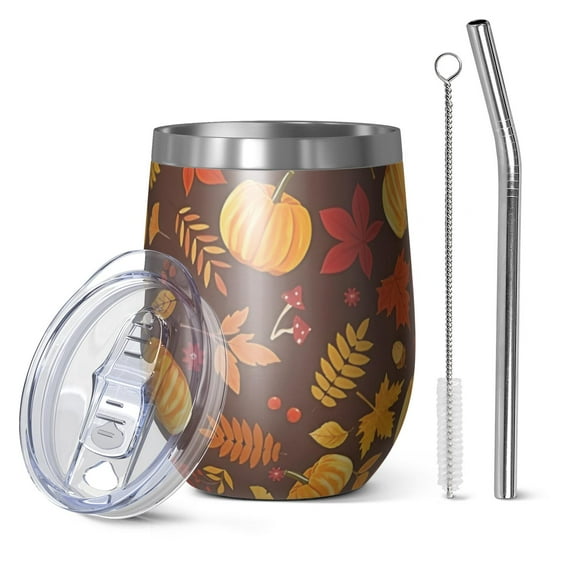 12oz Stemless Wine Tumblers Fall Pumpkins Leaves Pattern Vacuum Insulated Stainless Steel Travel Tumbler Cups Mug with Lid and Straw for Champaign,Cocktail,Beer with Cleaning Brush