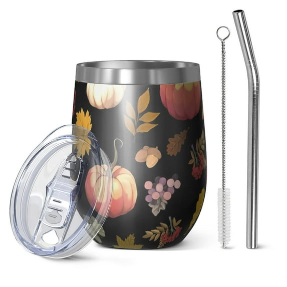 12oz Stemless Wine Tumblers Fall Pumpkins Leaves Pattern Vacuum Insulated Stainless Steel Travel Tumbler Cups Mug with Lid and Straw for Champaign,Cocktail,Beer with Cleaning Brush