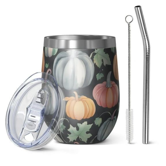 12oz Stemless Wine Tumblers Fall Pumpkins and Leaves Pattern Vacuum Insulated Stainless Steel Travel Tumbler Cups Mug with Lid and Straw for Champaign,Cocktail,Beer with Cleaning Brush