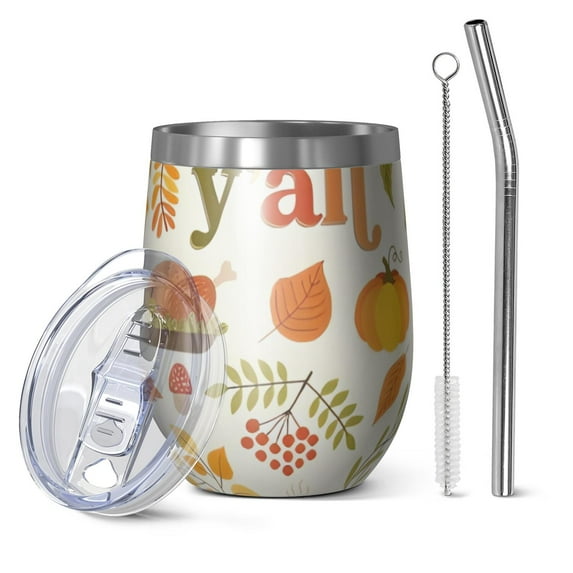 12oz Stemless Wine Tumblers Fall Pumpkins Leaves Pattern Vacuum Insulated Stainless Steel Travel Tumbler Cups Mug with Lid and Straw for Champaign,Cocktail,Beer with Cleaning Brush