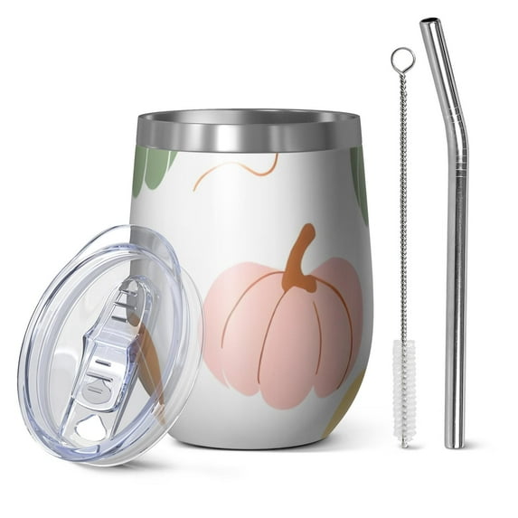 12oz Stemless Wine Tumblers Fall Pumpkins Pattern Vacuum Insulated Stainless Steel Travel Tumbler Cups Mug with Lid and Straw for Champaign,Cocktail,Beer with Cleaning Brush
