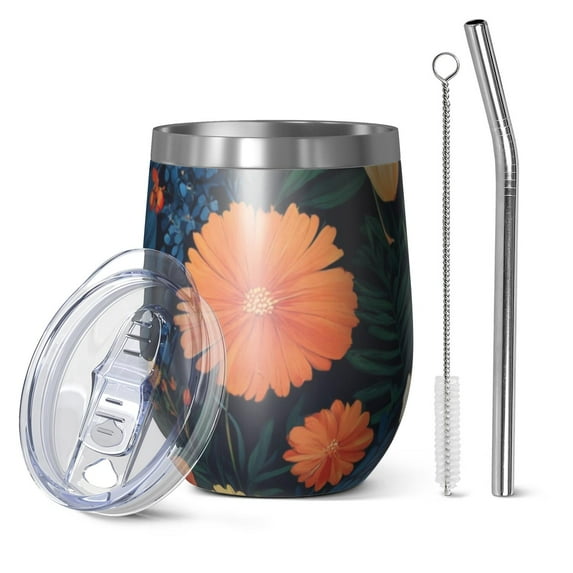 12oz Stemless Wine Tumblers Floral Pattern Vacuum Insulated Stainless Steel Travel Tumbler Cups Mug with Lid and Straw for Champaign,Cocktail,Beer with Cleaning Brush