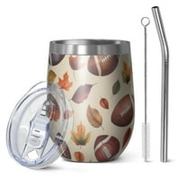 12oz Stemless Wine Tumblers Footballs and Autumn Fall Leaves Pattern Vacuum Insulated Stainless Steel Travel Tumbler Cups Mug with Lid and Straw for Champaign,Cocktail,Beer with Cleaning Brush