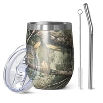 12oz Stemless Wine Tumblers Forest Camo Branches Leaves Pattern Vacuum Insulated Stainless Steel Travel Tumbler Cups Mug with Lid and Straw for Champaign,Cocktail,Beer with Cleaning Brush