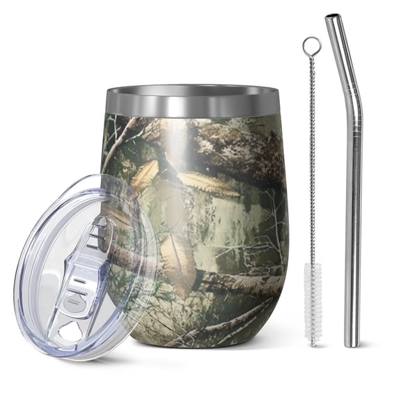 12oz Stemless Wine Tumblers Forest Camo Branches Leaves Pattern Vacuum Insulated Stainless Steel Travel Tumbler Cups Mug with Lid and Straw for Champaign,Cocktail,Beer with Cleaning Brush