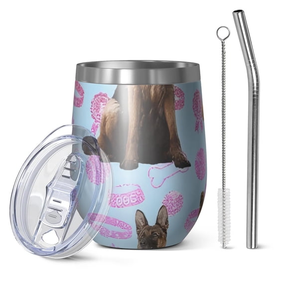 12oz Stemless Wine Tumblers German Shepherd Vacuum Insulated Stainless Steel Travel Tumbler Cups Mug with Lid and Straw for Champaign,Cocktail,Beer with Cleaning Brush
