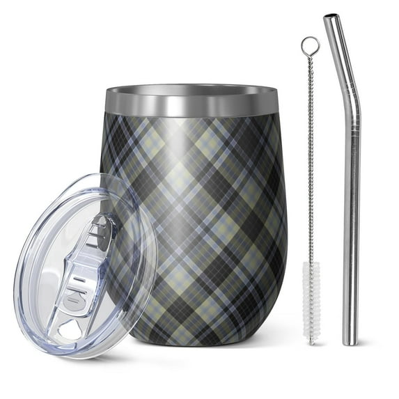 12oz Stemless Wine Tumblers Gray Black Checkered Pattern Vacuum Insulated Stainless Steel Travel Tumbler Cups Mug with Lid and Straw for Champaign,Cocktail,Beer with Cleaning Brush