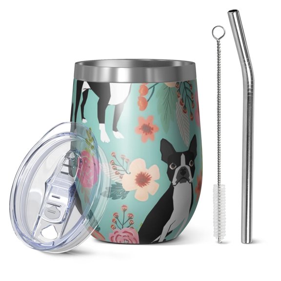 12oz Stemless Wine Tumblers Green Boston Terrier and Flower Vacuum Insulated Stainless Steel Travel Tumbler Cups Mug with Lid and Straw for Champaign,Cocktail,Beer with Cleaning Brush