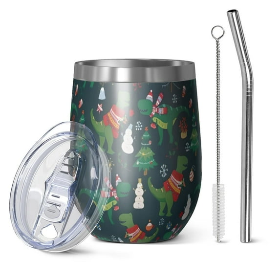12oz Stemless Wine Tumblers Green Christmas Dinosaur and Snowman Pattern Vacuum Insulated Stainless Steel Travel Tumbler Cups Mug with Lid and Straw for Champaign,Cocktail,Beer with Cleaning Brush