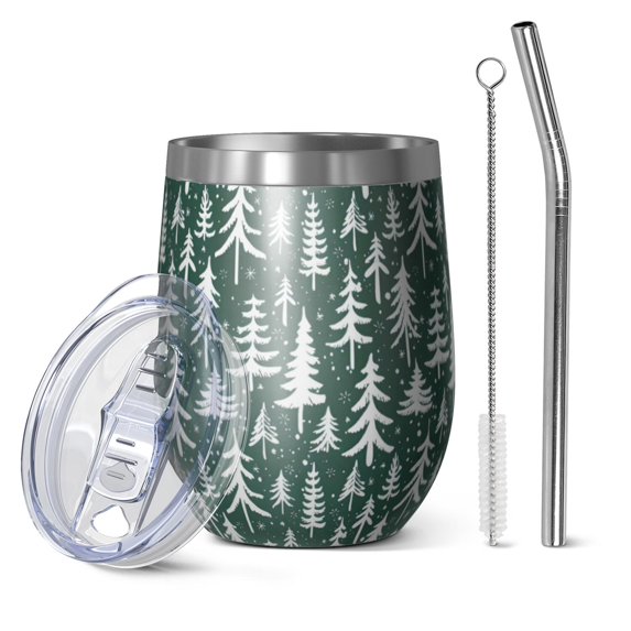 12oz Stemless Wine Tumblers Green Christmas Tree Pattern Vacuum Insulated Stainless Steel Travel Tumbler Cups Mug with Lid and Straw for Champaign,Cocktail,Beer with Cleaning Brush