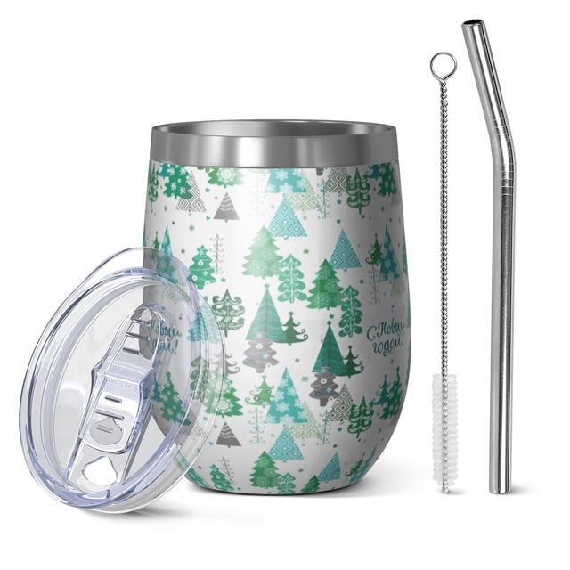 12oz Stemless Wine Tumblers Green Christmas Tree and Text Pattern Vacuum Insulated Stainless Steel Travel Tumbler Cups Mug with Lid and Straw for Champaign,Cocktail,Beer with Cleaning Brush