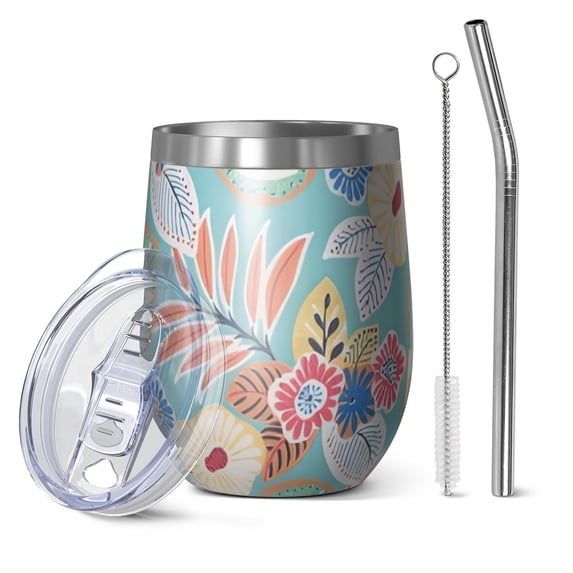 12oz Stemless Wine Tumblers Green Pioneer Flower and Leaf Vacuum Insulated Stainless Steel Travel Tumbler Cups Mug with Lid and Straw for Champaign,Cocktail,Beer with Cleaning Brush