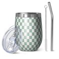 thumbnail image 1 of 12oz Stemless Wine Tumblers Green and White Checkerboard Pattern Vacuum Insulated Stainless Steel Travel Tumbler Cups Mug with Lid and Straw for Champaign,Cocktail,Beer with Cleaning Brush, 1 of 5