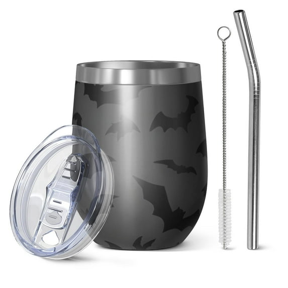 12oz Stemless Wine Tumblers Halloween Bats on Dark Pattern Vacuum Insulated Stainless Steel Travel Tumbler Cups Mug with Lid and Straw for Champaign,Cocktail,Beer with Cleaning Brush