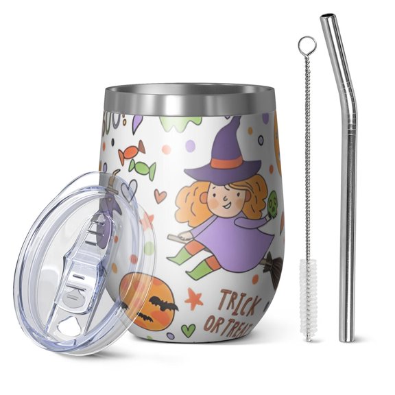 12oz Stemless Wine Tumblers Halloween Cute Trick or Treat Characters Vacuum Insulated Stainless Steel Travel Tumbler Cups Mug with Lid and Straw for Champaign,Cocktail,Beer with Cleaning Brush