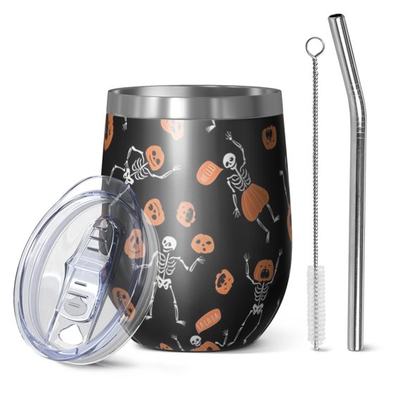 12oz Stemless Wine Tumblers Halloween Dancing Skeletons and Pumpkins Pattern Vacuum Insulated Stainless Steel Travel Tumbler Cups Mug with Lid and Straw for Champaign,Cocktail,Beer with Cleaning Brush