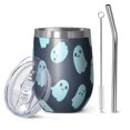 thumbnail image 1 of 12oz Stemless Wine Tumblers Halloween Ghost Pattern Vacuum Insulated Stainless Steel Travel Tumbler Cups Mug with Lid and Straw for Champaign,Cocktail,Beer with Cleaning Brush, 1 of 5