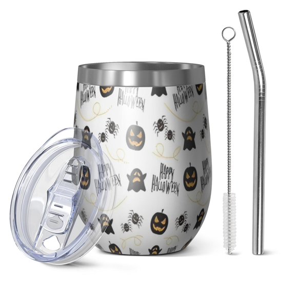 12oz Stemless Wine Tumblers Halloween Happy Halloween Pumpkins and Spiders Vacuum Insulated Stainless Steel Travel Tumbler Cups Mug with Lid and Straw for Champaign,Cocktail,Beer with Cleaning Brush