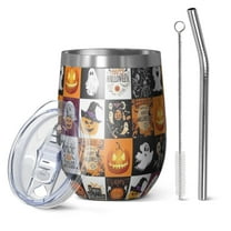 12oz Stemless Wine Tumblers Halloween Icons Collage Pattern Vacuum Insulated Stainless Steel Travel Tumbler Cups Mug with Lid and Straw for Champaign,Cocktail,Beer with Cleaning Brush