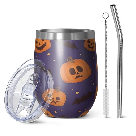 12oz Stemless Wine Tumblers Halloween Pumpkin Bat Pattern Vacuum Insulated Stainless Steel Travel Tumbler Cups Mug with Lid and Straw for Champaign,Cocktail,Beer with Cleaning Brush