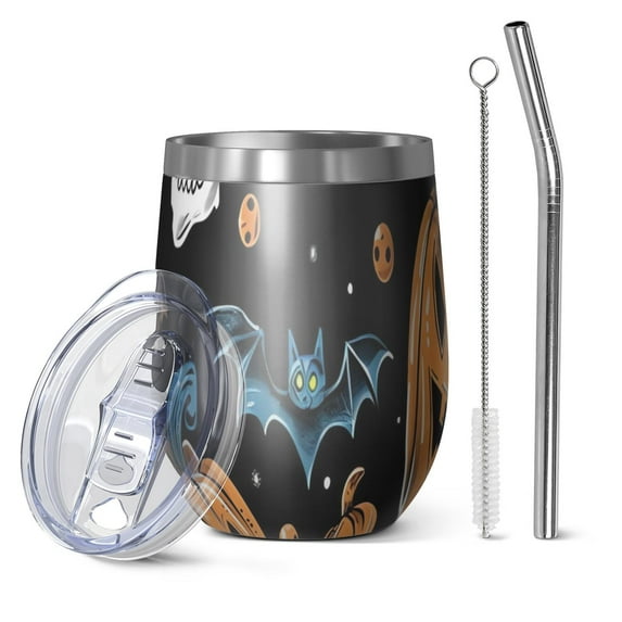 12oz Stemless Wine Tumblers Halloween Pumpkin Skull Pattern Vacuum Insulated Stainless Steel Travel Tumbler Cups Mug with Lid and Straw for Champaign,Cocktail,Beer with Cleaning Brush