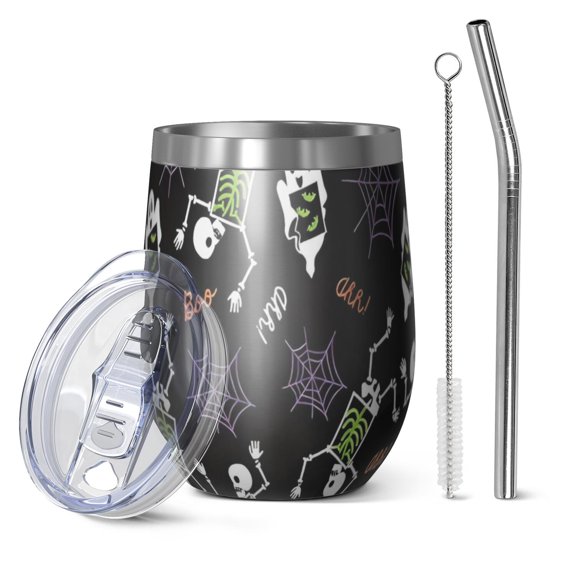 12oz Stemless Wine Tumblers Halloween Skeleton Ghost Pattern Vacuum Insulated Stainless Steel Travel Tumbler Cups Mug with Lid and Straw for Champaign,Cocktail,Beer with Cleaning Brush