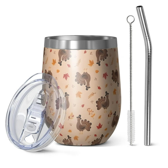 12oz Stemless Wine Tumblers Happy Thanksgiving Day Vacuum Insulated Stainless Steel Travel Tumbler Cups Mug with Lid and Straw for Champaign,Cocktail,Beer with Cleaning Brush