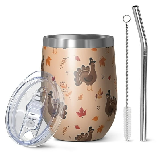 12oz Stemless Wine Tumblers Happy Thanksgiving Day Vacuum Insulated Stainless Steel Travel Tumbler Cups Mug with Lid and Straw for Champaign,Cocktail,Beer with Cleaning Brush