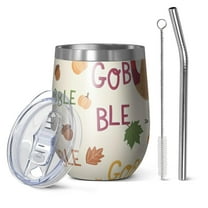 12oz Stemless Wine Tumblers Happy Thanksgiving Turkey Fall Leaves Vacuum Insulated Stainless Steel Travel Tumbler Cups Mug with Lid and Straw for Champaign,Cocktail,Beer with Cleaning Brush