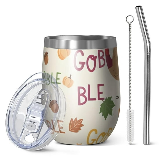 12oz Stemless Wine Tumblers Happy Thanksgiving Turkey Fall Leaves Vacuum Insulated Stainless Steel Travel Tumbler Cups Mug with Lid and Straw for Champaign,Cocktail,Beer with Cleaning Brush