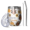 thumbnail image 1 of 12oz Stemless Wine Tumblers Happy Thanksgiving Turkey Fall Pumpkin Vacuum Insulated Stainless Steel Travel Tumbler Cups Mug with Lid and Straw for Champaign,Cocktail,Beer with Cleaning Brush, 1 of 5