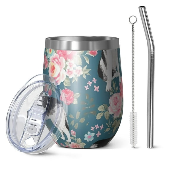 12oz Stemless Wine Tumblers Husky Dog Flower Floral Vacuum Insulated Stainless Steel Travel Tumbler Cups Mug with Lid and Straw for Champaign,Cocktail,Beer with Cleaning Brush