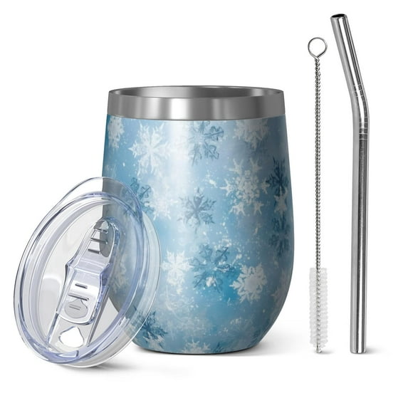 12oz Stemless Wine Tumblers Light Blue Christmas Snowflake Pattern Vacuum Insulated Stainless Steel Travel Tumbler Cups Mug with Lid and Straw for Champaign,Cocktail,Beer with Cleaning Brush