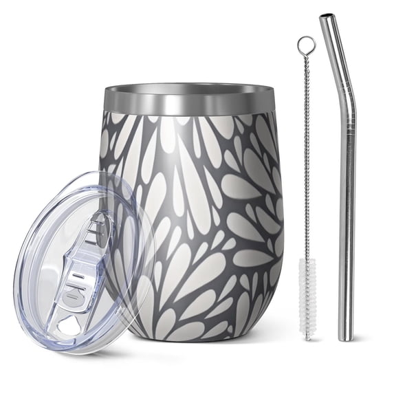 12oz Stemless Wine Tumblers Light Dark Floral Burst Pattern Vacuum Insulated Stainless Steel Travel Tumbler Cups Mug with Lid and Straw for Champaign,Cocktail,Beer with Cleaning Brush