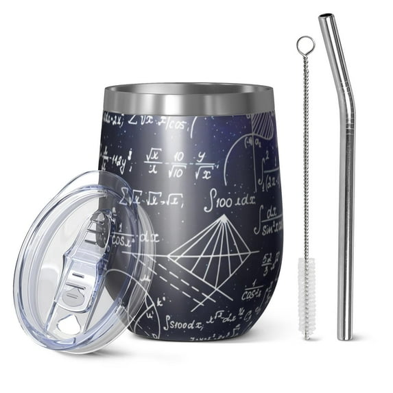 12oz Stemless Wine Tumblers Math Equations Geometry Shapes Purple Pattern Vacuum Insulated Stainless Steel Travel Tumbler Cups Mug with Lid and Straw for Champaign,Cocktail,Beer with Cleaning Brush