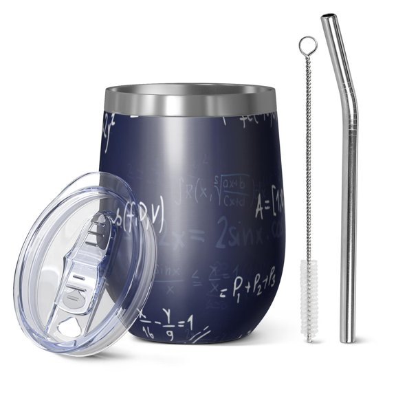 12oz Stemless Wine Tumblers Math Equations Graphs Black Pattern Vacuum Insulated Stainless Steel Travel Tumbler Cups Mug with Lid and Straw for Champaign,Cocktail,Beer with Cleaning Brush