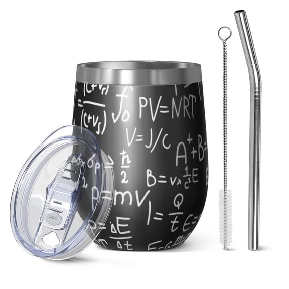 12oz Stemless Wine Tumblers Math Equations Quantum Symbols Purple Pattern Vacuum Insulated Stainless Steel Travel Tumbler Cups Mug with Lid and Straw for Champaign,Cocktail,Beer with Cleaning Brush