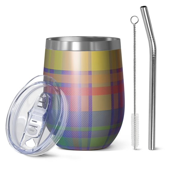 12oz Stemless Wine Tumblers Multi Color Plaid Checkered Pattern Vacuum Insulated Stainless Steel Travel Tumbler Cups Mug with Lid and Straw for Champaign,Cocktail,Beer with Cleaning Brush